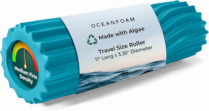 Oceanfoam Ripple Travel Foam Roller (11" x 3.35") Firm Mini Foam Roller for Physical Therapy, Deep Tissue Massage, Back Pain, High Density, Ergonomic Wave Textured, Yoga, Pilate, Exercise (Miami Blue)