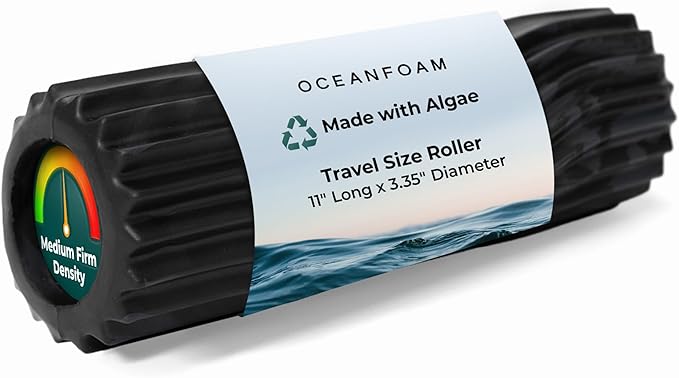 Oceanfoam Ripple Travel Foam Roller (11" x 3.35") Firm Mini Foam Roller for Physical Therapy, Deep Tissue Massage, Back Pain - High Density, Wave Textured - Yoga, Exercise (Black & Charcoal Marbled)