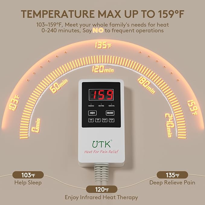 UTK Heating Pad for Back, 5X Deeper Back Pain Relief, Far Infrared Heating Pad with Natural Jade, FSA-HSA Eligible, Hotter to 159℉, 4H Auto Off, Travel Bag, Memory Function, 23.5"×16", Gifts for Women