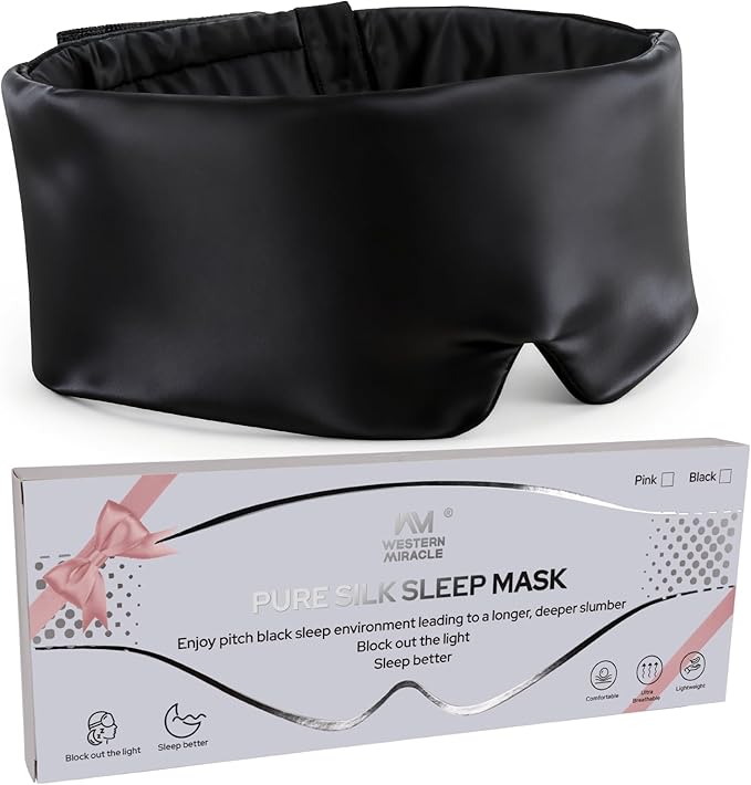 Mulberry Silk Sleep Mask for Men & Women - 100% Light Blocking Blackout Eye Mask for Side Sleepers, Adjustable Fit for All Heads, Soft Zero Pressure Comfort, Unisex Travel Eye Cover(Black)