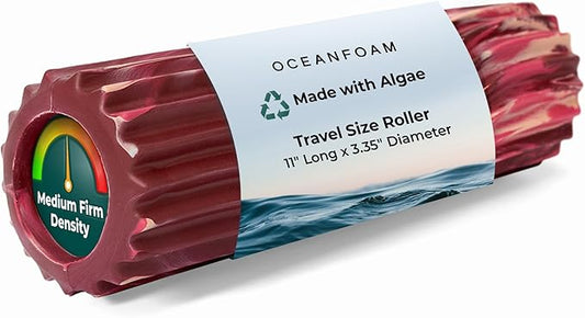 Oceanfoam Ripple Travel Foam Roller (11" x 3.35") Firm Mini Foam Roller for Physical Therapy, Deep Tissue Massage, Back Pain - High Density, Wave Textured - Yoga (Maroon, Blush & Hot Pink Marbled)