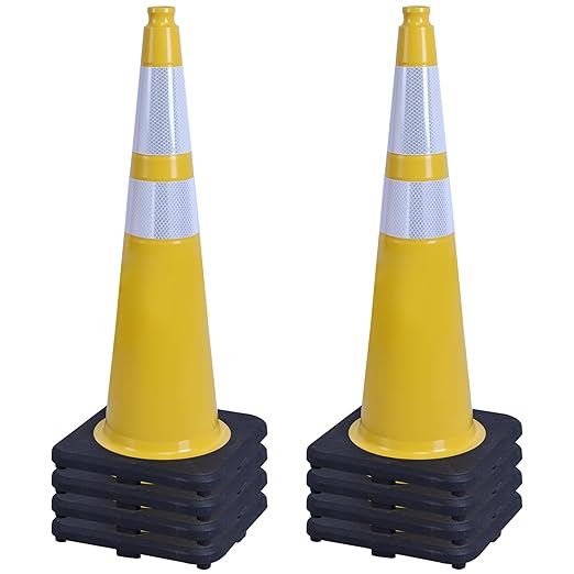 OrangeStar 8-Pack 36" Yellow Traffic Cones with Weighted Rubber Base, 2 Reflective Collars, Large Safety Cones for Parking Lot, Road Construction, Warehouse, Highway, Weatherproof PVC