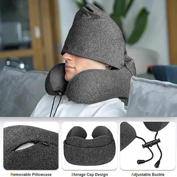 SKYANA Travel Pillow 100% Pure Memory Foam Neck Pillow, Comfortable & Breathable Cover, Machine Washable, Airplane Travel Kit with 3D Contoured Eye Masks, Earplugs, and Luxury .Dark Gray.