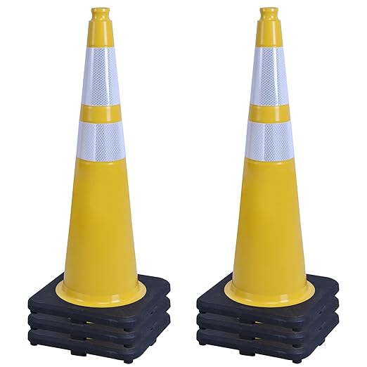 OrangeStar 6-Pack 36" Yellow Traffic Cones with Weighted Rubber Base, 2 Reflective Collars, Large Safety Cones for Parking Lot, Road Construction, Warehouse, Highway, Weatherproof PVC