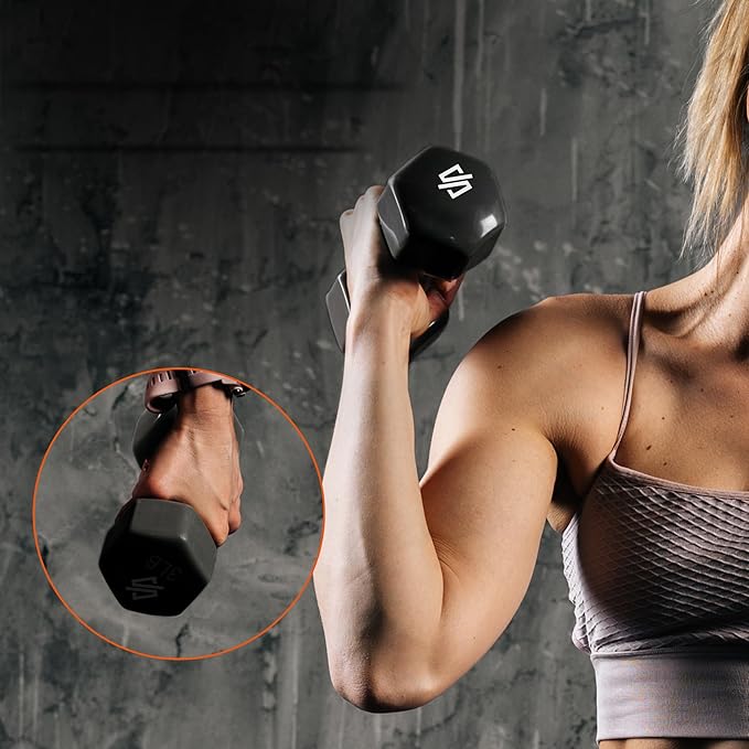 SQUATZ Dumbbell Weights Set with Stand, 32/20 Lbs Neoprene Coated Weights in Color Gray, Black, and Orange, Hex Shape Anti Slip and Roll Dumbbells for Exercise,Training, Fitness, Yoga for Men & Women