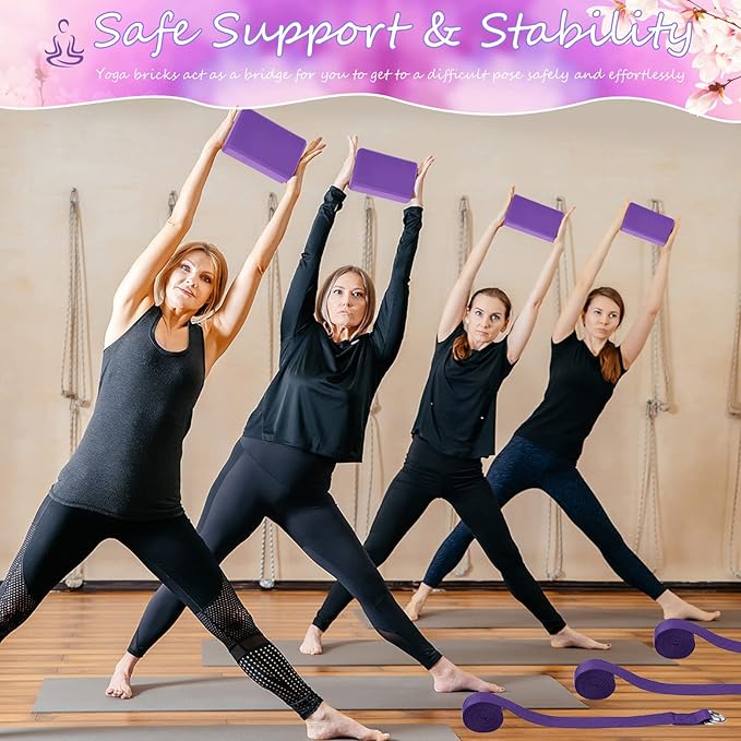 Wettarn 30 Pack Yoga Block and Strap Set 15 Pcs Non-Slip Yoga Blocks with 15 Pcs Metal D Ring Stretching Exercise Workout Fitness Accessory for Gym