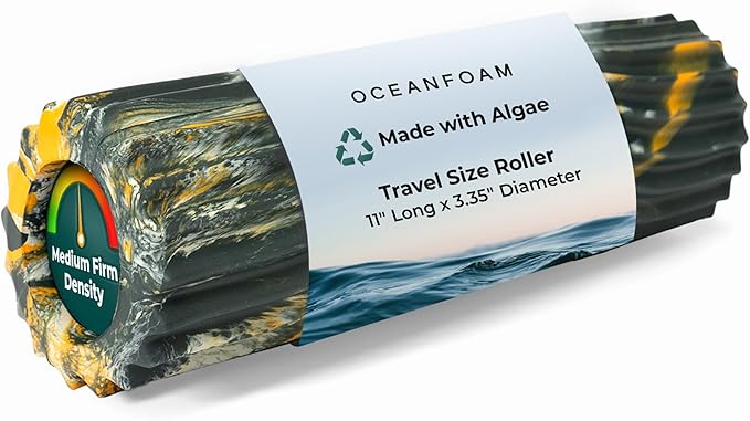 Oceanfoam Ripple Travel Foam Roller (11" x 3.35") Firm Mini Foam Roller for Physical Therapy, Deep Tissue Massage, Back Pain - High Density, Wave Textured - Yoga (Hunter, Gold & Natural Marbled)