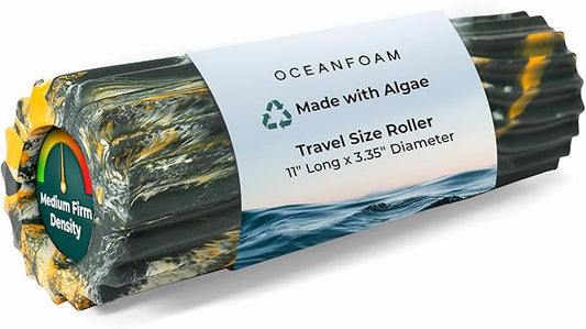 Oceanfoam Ripple Travel Foam Roller (11" x 3.35") Firm Mini Foam Roller for Physical Therapy, Deep Tissue Massage, Back Pain - High Density, Wave Textured - Yoga (Hunter, Gold & Natural Marbled)
