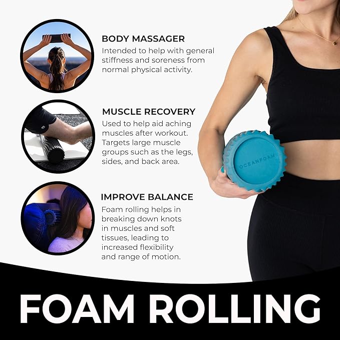 Oceanfoam Tidal Roller - Miami Blue - Muscle Massage Foam Roller for Back Pain & Stretching - Firm and Ergonomic Wide Wave Textured - Yoga, Athletics, & Wellness - Full Size, 20" x 5"