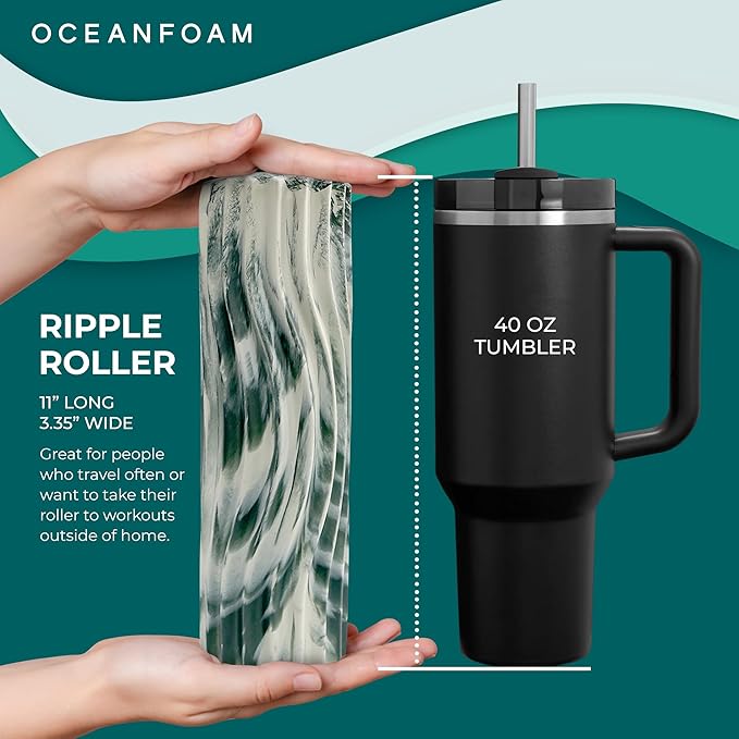 Oceanfoam Ripple Travel Foam Roller (11" x 3.35") Firm Mini Foam Roller for Physical Therapy, Deep Tissue Massage, Back Pain - High Density, Ergonomic Wave Textured - Yoga, Exercise (Hunter Marbled)