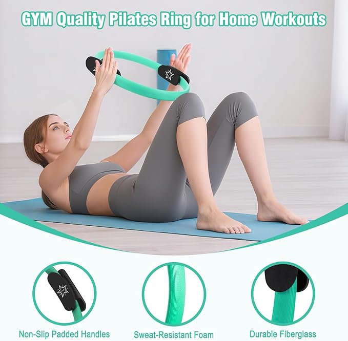Pilates Equipment Kit for Home Workout, Pilates Ring and Ball Set for Women, 14'' Magic Circle Essentials Accessories Kit with Wrist Weights, Resistance Bands, Yoga Strap, Core Sliders, Socks, Bag