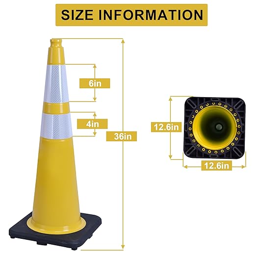 OrangeStar 8-Pack 36" Yellow Traffic Cones with Weighted Rubber Base, 2 Reflective Collars, Large Safety Cones for Parking Lot, Road Construction, Warehouse, Highway, Weatherproof PVC