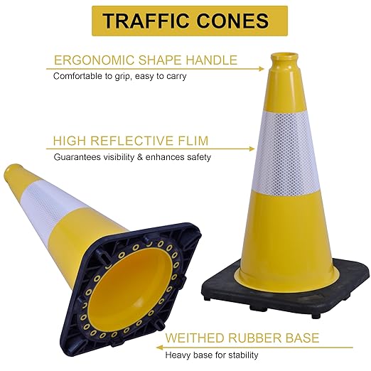OrangeStar 8-Pack 18" Traffic Cones, Yellow Safety Cones with Reflective Collar, Weighted Base for Driving Practice, Parking Lots, Construction, Flexible PVC, Indoor & Outdoor Use