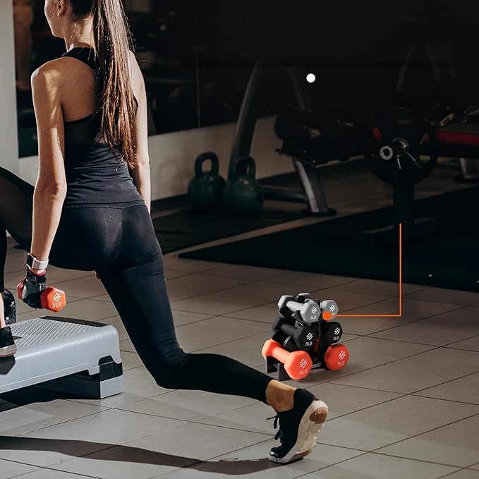 SQUATZ Dumbbell Weights Set with Stand, 32/20 Lbs Neoprene Coated Weights in Color Gray, Black, and Orange, Hex Shape Anti Slip and Roll Dumbbells for Exercise,Training, Fitness, Yoga for Men & Women