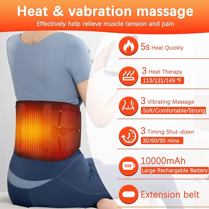 60” Cordless Heating Pad Back Brace with Heat and Massage for Back Pain Relief, Portable Rechargeable 10000mAh Battery Lower Back Massager Lumbar Support Belt, Father's Day Gifts for Dad Men Women