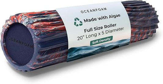 Oceanfoam Soft Tidal Roller (Dark Navy, Red and Natural Marbled) - Low Density Foam Roller for Physical Therapy, Back Pain, Exercise & Stretching - Wave Textured - Yoga, Wellness - Full Size, 20" x 5"