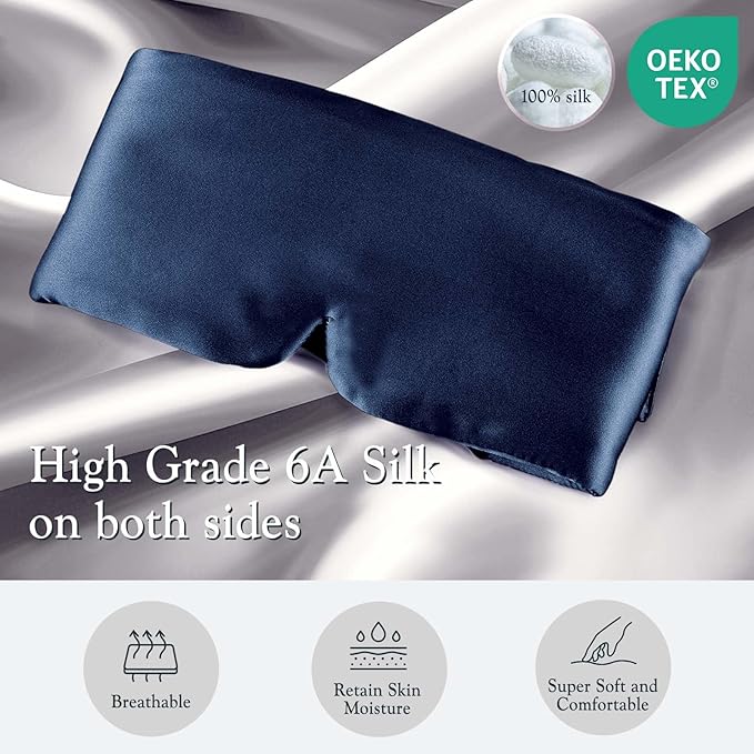 Nature Silk Sleeping Mask Soft Featherweight Eye Mask Large Wrap-Around Blindfold with Adjustable Velcro Blackout for Wild Sleeper Nose Cut (NavyBlue)