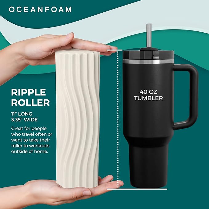 Oceanfoam Ripple Travel Foam Roller (11" x 3.35") Firm Mini Foam Roller for Physical Therapy, Deep Tissue Massage, Back Pain - High Density, Ergonomic Wave Textured - Yoga, Pilates, Exercise (Natural)