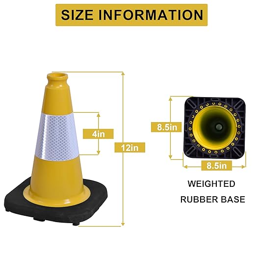 OrangeStar 8-Pack 12" Traffic Cones, Yellow Safety Cones with Reflective Collar, Weighted Base for Driving Practice, Parking Lots, Construction, Flexible PVC, Indoor & Outdoor Use