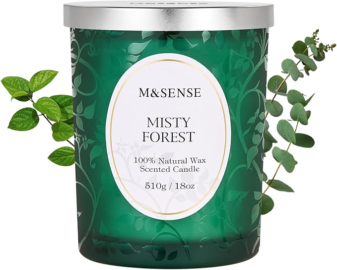 M&SENSE Misty Pine Forest Candle, Cracking Wooden Wick Soy Wax, 18oz 100 Hours Long Lasting Clean Burn, Large Fall Candles for Home Scented, Winter Holiday Gifts for Women Christmas