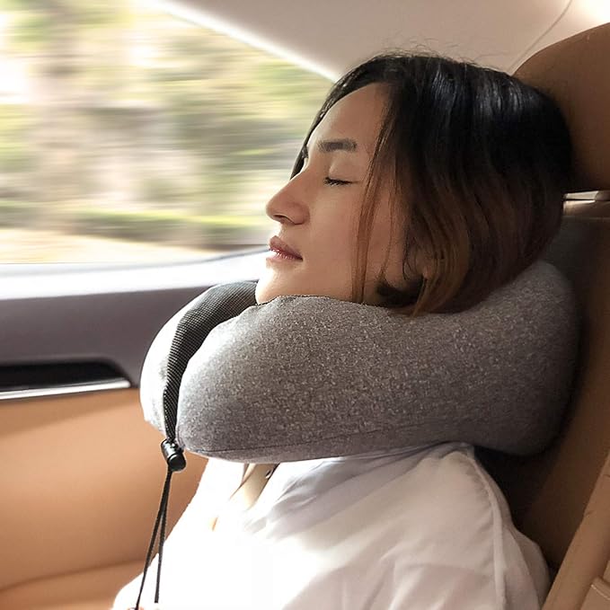 MLVOC Travel Pillow 100% Pure Memory Foam Neck Pillow, Comfortable & Breathable Cover, Machine Washable, Airplane Travel Kit with 3D Sleep Mask, Earplugs, and Luxury Bag,Standard (Grey)