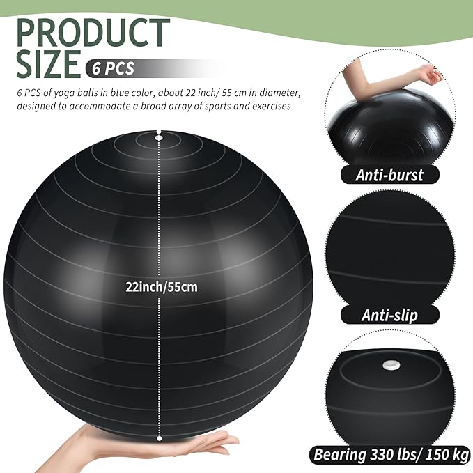 Hungdao 6 Pack Exercise Ball Bulk Inflatable Pregnancy & Workout Ball 22 Inch Heavy Duty Pilates Ball for Yoga Stretching Therapy Balance Physical Fitness