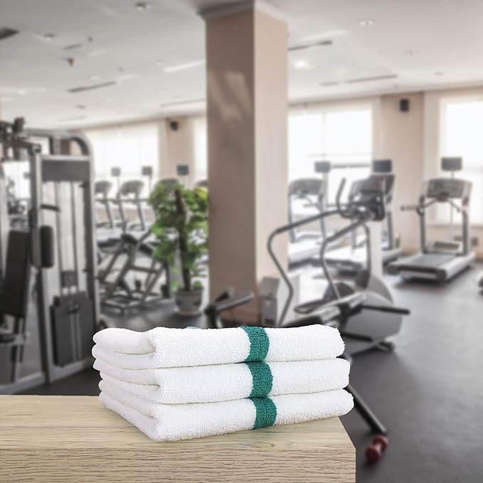 Arkwright White Hand Gym Towels - Pack of 12 - Bulk 100% Cotton Soft Quick Dry Sweat Absorbent Hotel Quality Towels for Workout, Bathroom, Spa, Pool, 16 x 27 in, Green