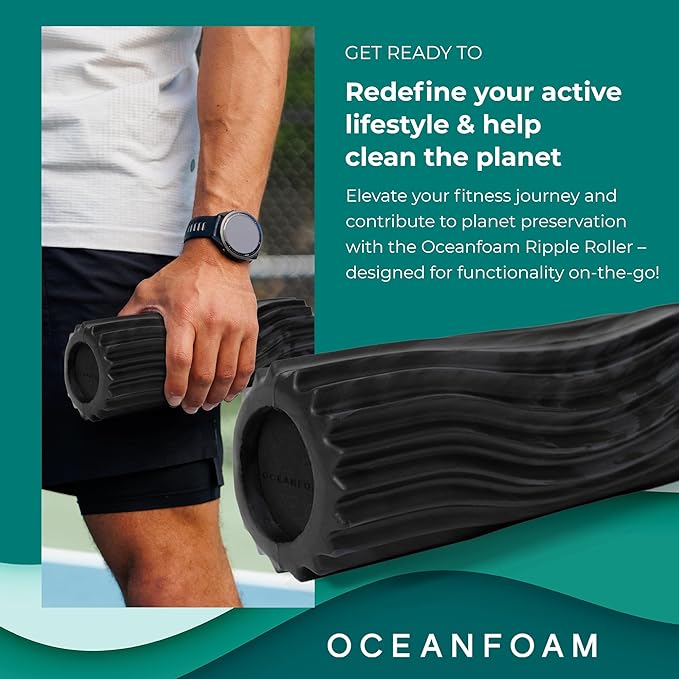 Oceanfoam Ripple Travel Foam Roller (11" x 3.35") Firm Mini Foam Roller for Physical Therapy, Deep Tissue Massage, Back Pain - High Density, Wave Textured - Yoga, Exercise (Black & Charcoal Marbled)