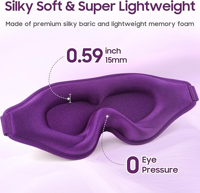 Sleep Mask - Total Blackout 3D Sleeping Mask, Super Lightweight & Silky Soft Eye Mask for Sleeping, Fully Adjustable Fit for Home, Office, Traveling, Meditation, Yoga, Purple