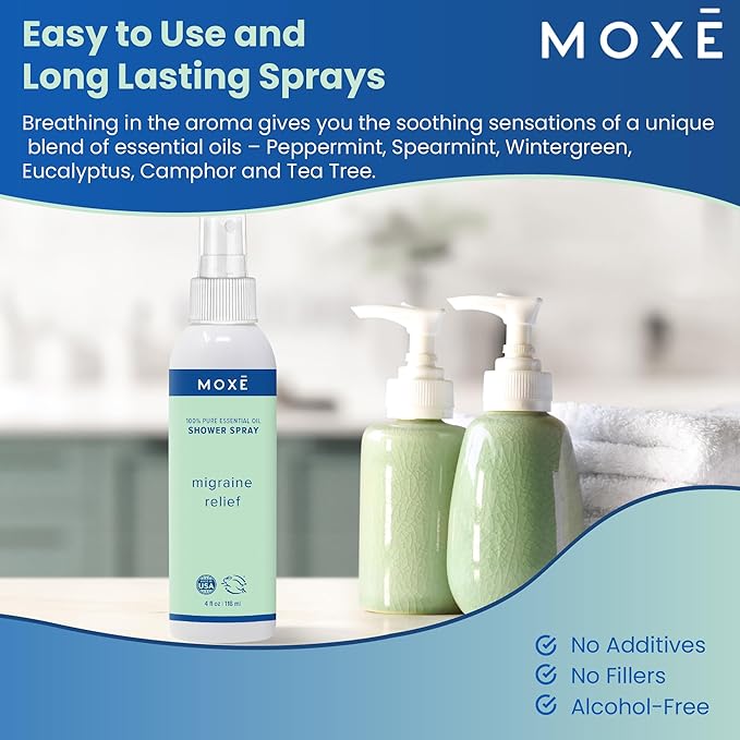 MOXE Migraine Relief Aromatherapy Shower Spray, Essential Oils for Headaches & Tension Relief, Natural 100% Essential Oils, Pure & Undiluted, Peppermint, Spearmint, Eucalyptus, Tea Tree, Made in USA …