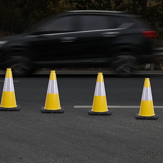 OrangeStar 8-Pack 18" Traffic Cones, Yellow Safety Cones with Reflective Collar, Weighted Base for Driving Practice, Parking Lots, Construction, Flexible PVC, Indoor & Outdoor Use