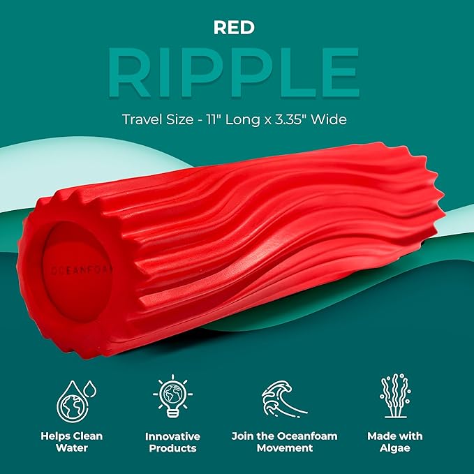 Oceanfoam Ripple Travel Foam Roller (11" x 3.35") Firm Mini Foam Roller for Physical Therapy, Deep Tissue Massage, Back Pain - High Density, Ergonomic Wave Textured - Yoga, Pilates, Exercise (Red)