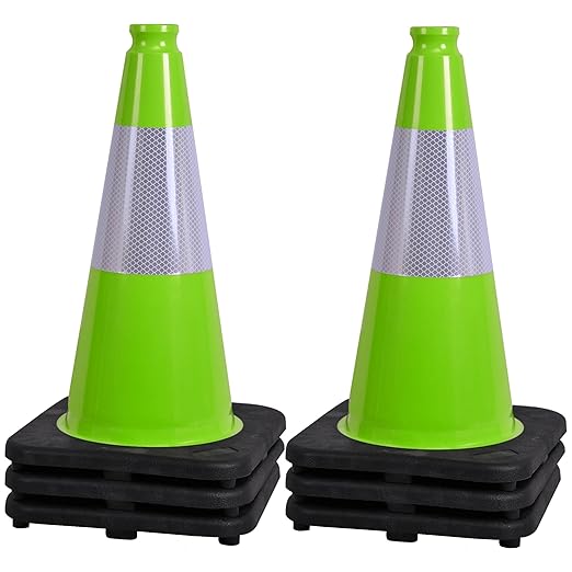 OrangeStar 6-Pack 18" Traffic Cones with Weighted Rubber Base, 6" Reflective Collar, Green Safety Cones for Parking Lot, Road Construction, Warehouse, Highway, Weatherproof PVC