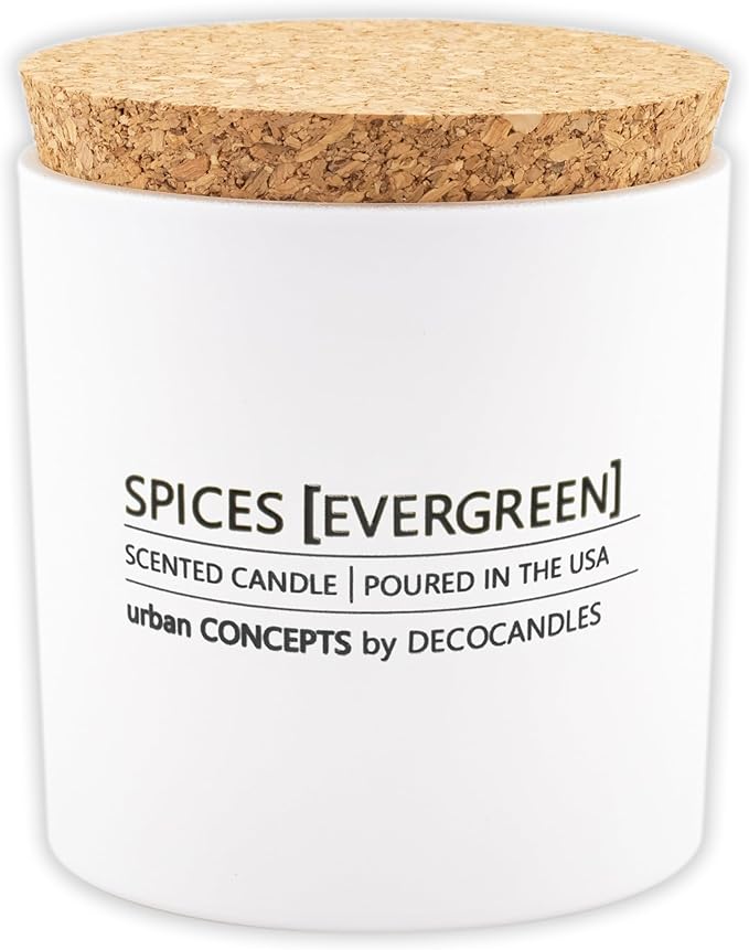 Urban Concepts by DECOCANDLES - Spices & Evergreen - Highly Scented Soy Candle - Long Lasting - Hand Poured in USA (9 Oz. Cork)