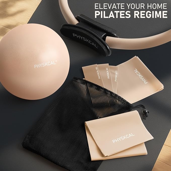 Pilates Kit, 15-Inch Pilates Ring with 1x Core Ball, 3X Resistant Loops and 2X Flex Bands, Home Pilates on Mat Essential Kit