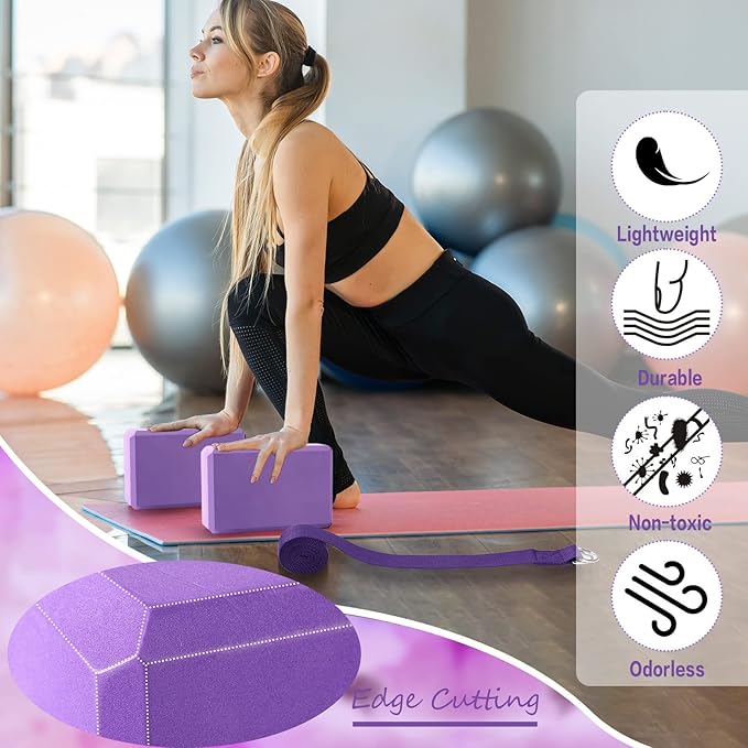 Wettarn 30 Pack Yoga Block and Strap Set 15 Pcs Non-Slip Yoga Blocks with 15 Pcs Metal D Ring Stretching Exercise Workout Fitness Accessory for Gym