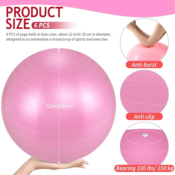 Hungdao 6 Pack Exercise Ball Bulk Inflatable Pregnancy & Workout Ball 22 Inch Heavy Duty Pilates Ball for Yoga Stretching Therapy Balance Physical Fitness