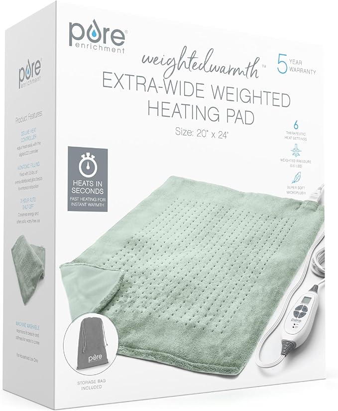 Pure Enrichment WeightedWarmth Extra-Wide Weighted Heating Pad for Cramps, Back, & Shoulder Joint Relief, 3.5 lbs, 6 Heat Settings, Microplush, Machine Washable, 2 Hr Auto Shut-Off, 20”x24” (Jade)