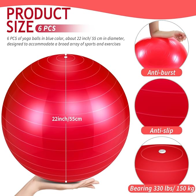 Hungdao 6 Pack Exercise Ball Bulk Inflatable Pregnancy & Workout Ball 22 Inch Heavy Duty Pilates Ball for Yoga Stretching Therapy Balance Physical Fitness