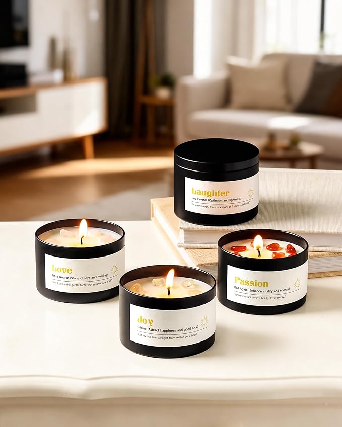 AOOVOO Crystal Energy Candles Set for Women - 4 Pack 26 oz Soy Wax Candles for Home Scented, 200 Hour Long Lasting Candle, Laughter Ruby Quartz/Love Rose Quartz/Joy Citrine/Passion Carnelian