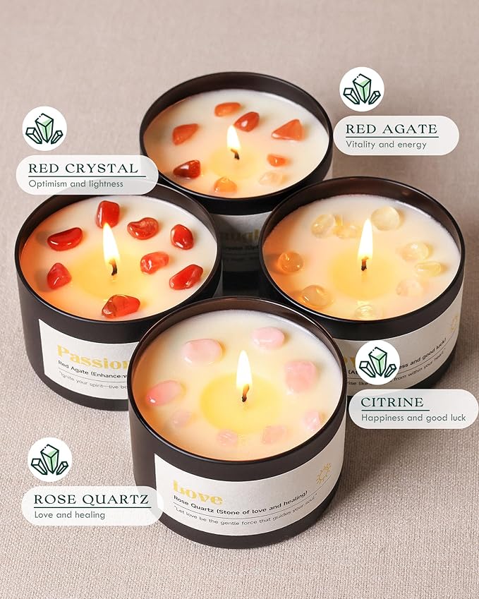 AOOVOO Crystal Energy Candles Set for Women - 4 Pack 26 oz Soy Wax Candles for Home Scented, 200 Hour Long Lasting Candle, Laughter Ruby Quartz/Love Rose Quartz/Joy Citrine/Passion Carnelian