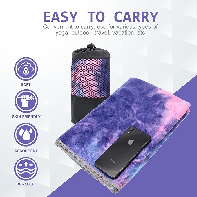 Eunzel 2 Pack Yoga Towel,Hot Yoga Mat Towel with Grip Dots Sweat Absorbent Non-Slip for Hot Yoga, Pilates and Workout 24" x72,Purple & Blue/Green & Purple (2 Pack)
