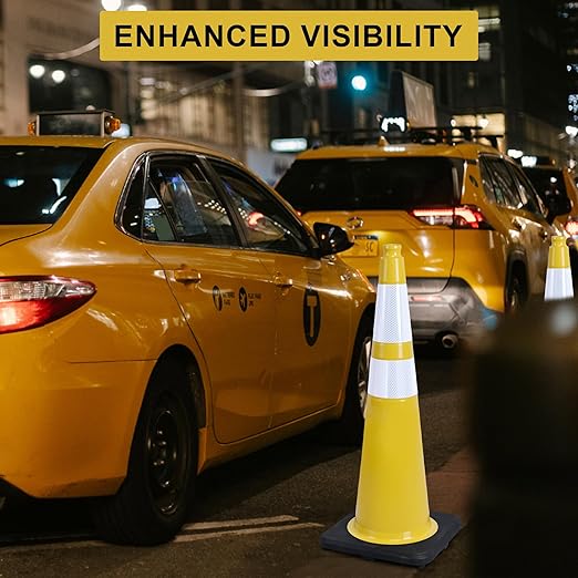 OrangeStar 8-Pack 36" Yellow Traffic Cones with Weighted Rubber Base, 2 Reflective Collars, Large Safety Cones for Parking Lot, Road Construction, Warehouse, Highway, Weatherproof PVC