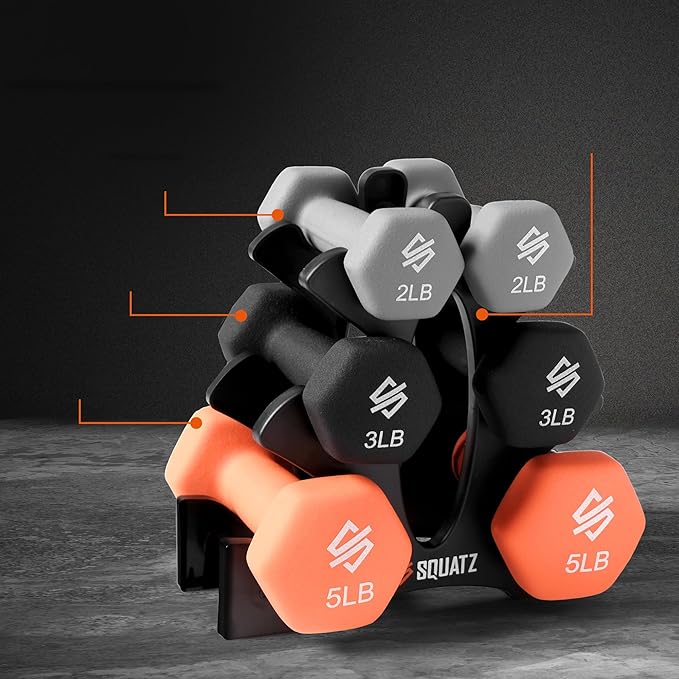 SQUATZ Dumbbell Weights Set with Stand, 32/20 Lbs Neoprene Coated Weights in Color Gray, Black, and Orange, Hex Shape Anti Slip and Roll Dumbbells for Exercise,Training, Fitness, Yoga for Men & Women