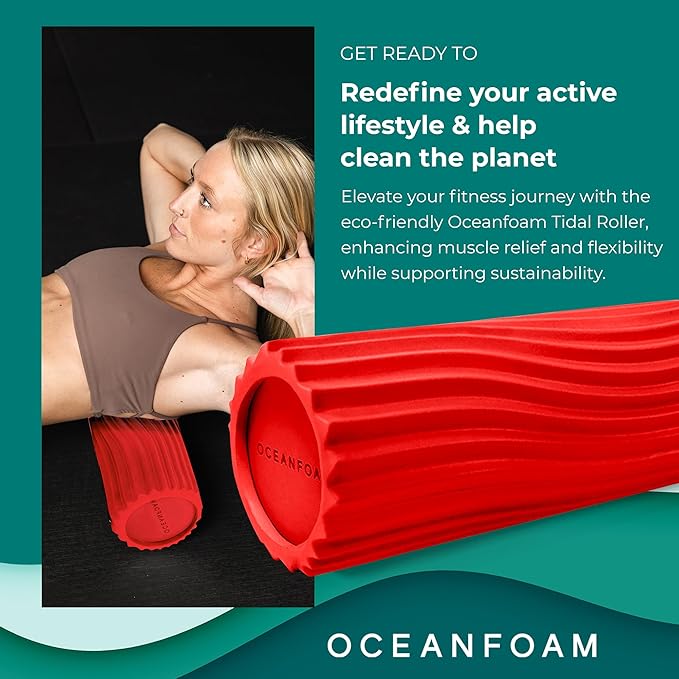 Oceanfoam Tidal Roller - Red - Muscle Massage Foam Roller for Back Pain & Stretching - Firm and Ergonomic Wide Wave Textured - Yoga, Athletics, & Wellness - Full Size, 20" x 5"