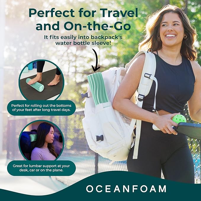 Oceanfoam Ripple Travel Foam Roller (11" x 3.35") Firm Mini Foam Roller for Physical Therapy, Deep Tissue Massage, Back Pain - High Density, Ergonomic Wave Textured - Yoga, Pilates, Exercise (Seafoam)