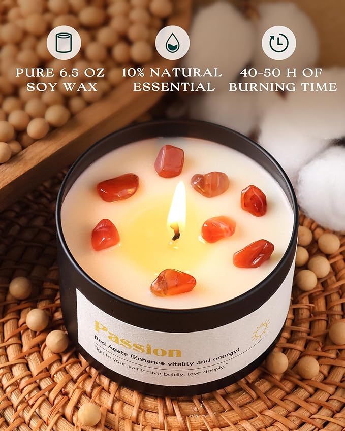 AOOVOO Crystal Energy Candles Set for Women - 4 Pack 26 oz Soy Wax Candles for Home Scented, 200 Hour Long Lasting Candle, Laughter Ruby Quartz/Love Rose Quartz/Joy Citrine/Passion Carnelian
