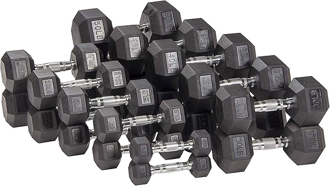 Rubber Encased Hex Dumbbell, Hand Weights with Anti-Slip Cast Iron Grip for Exercise & Fitness, Weights Dumbbells Set of 2 for Strength Training, 5-50 LBS Pair