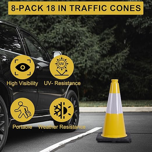 OrangeStar 8-Pack 18" Traffic Cones, Yellow Safety Cones with Reflective Collar, Weighted Base for Driving Practice, Parking Lots, Construction, Flexible PVC, Indoor & Outdoor Use