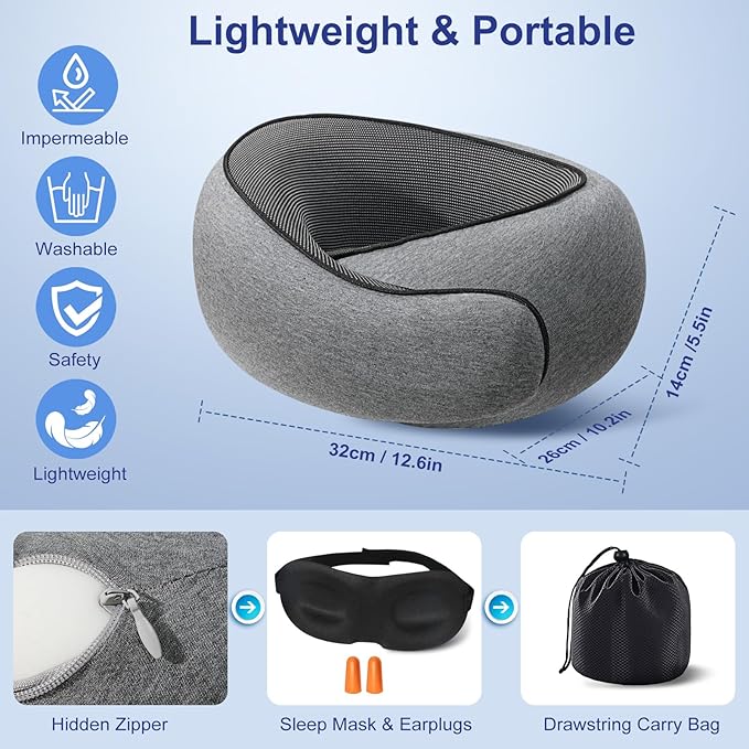 Neck Travel Pillow for Airplanes, Memory Foam Pillows for Travel Long Flight, Comfortable & Portable Neck Airplane Pillow Designed for Travel, Airport,Trains,Car Driving,Office